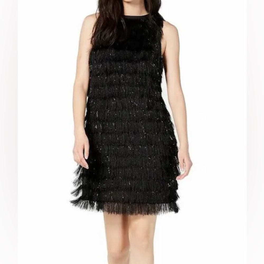 Avec Les Filles Metallic Fringe Black Cocktail Party Club Short Mini Dress